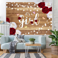 Toile de fond de douche de bébé en bois scintillant rose blanche et rouge