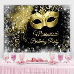 Toile de fond de joyeux anniversaire de mascarade d'or blanc noir