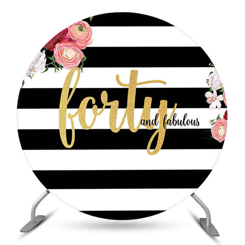 Toile de fond d'anniversaire ronde florale à rayures noires blanches Toile de fond d'anniversaire ronde florale à rayures noires blanches