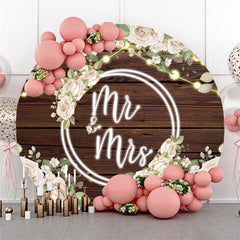 Toile de fond de mariage ronde en bois brun floral blanc Mr To Miss