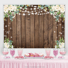 Toile de fond d'anniversaire en bois brun feuille verte florale blanche