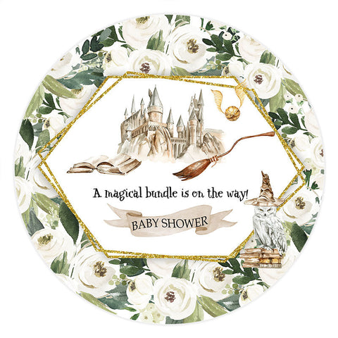 Fond de fête de naissance rond à feuilles vertes florales blanches Fond de fête de naissance rond à feuilles vertes florales blanches