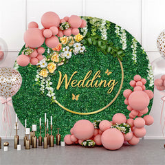 Bannière de toile de fond de mariage ronde à feuilles vertes florales blanches