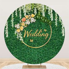Bannière de toile de fond de mariage ronde à feuilles vertes florales blanches