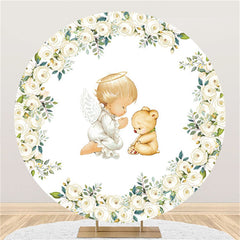 Toile de fond de douche de bébé bébé et ours rond floral blanc