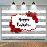 Rayures blanc-argent et toile de fond rose joyeux anniversaire