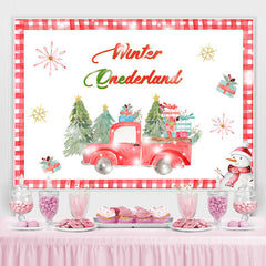 Toile de fond d'anniversaire de bonhomme de neige de camion rouge d'hiver Onederland