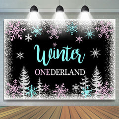 Toile de fond de la for¨ºt de flocons de neige d'hiver Onederland pour la f¨ºte d'anniversaire