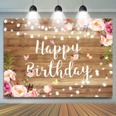 Toile de fond de joyeux anniversaire de fleur rose et violet en bois