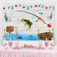 Toile de fond de fête d'anniversaire de pêche de rivière de bateau en bois