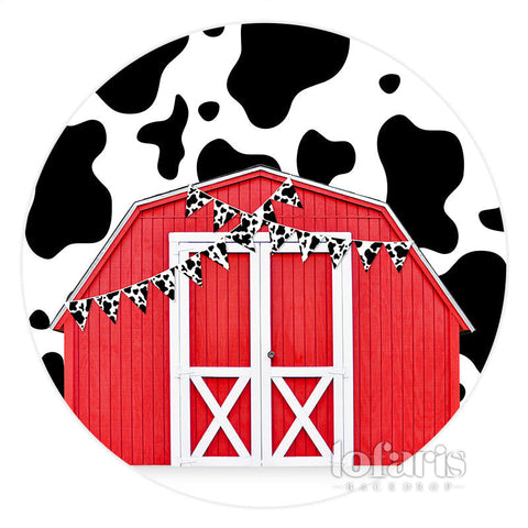 Toile de fond d'anniversaire rond motif vache maison rouge en bois Toile de fond d'anniversaire rond motif vache maison rouge en bois