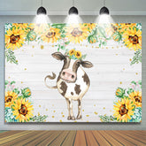 Toile de fond d'anniversaire d'animal de vache mignonne de tournesol en bois