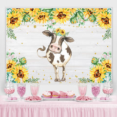 Toile de fond d'anniversaire d'animal de vache mignonne de tournesol en bois