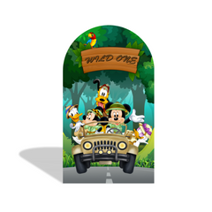 Toile de fond pour arche Joyeux Anniversaire Mickey Minnie Disney safari thème Wild One