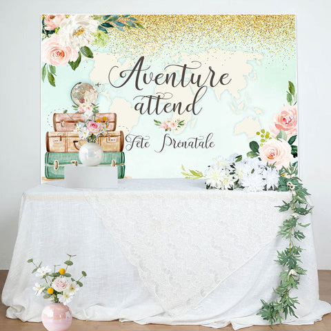 Aventure Attend Floral Et Carte Bébé Douche Toile de fond