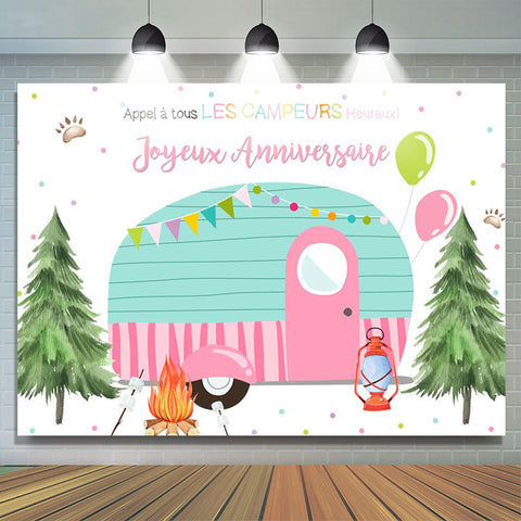 Appel tous Heureux Les campeurs camping anniversaire toile de fond