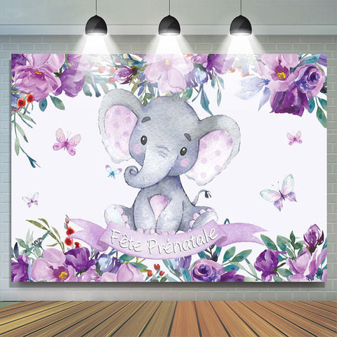 Violet Fleurs Et Éléphant Bébé Douche Toile de fond