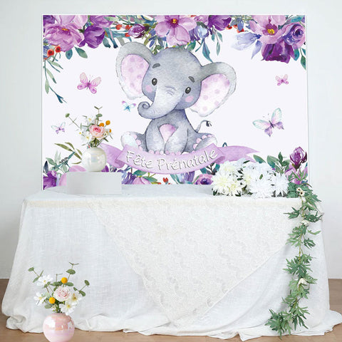 Violet Fleurs Et Éléphant Bébé Douche Toile de fond