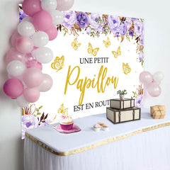 Violet Floral et Doré Papillon Bébé Douche Toile de fond