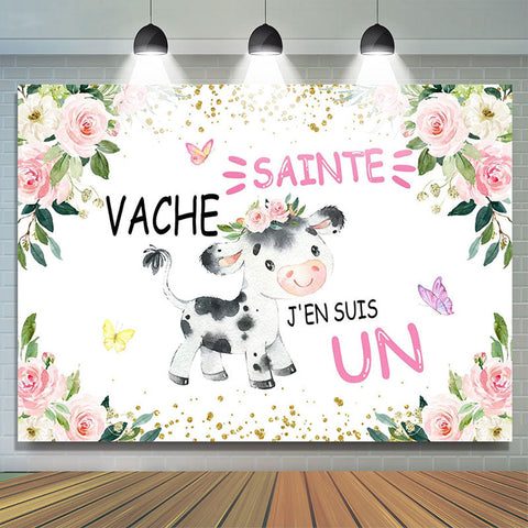 Saint Vache Rose Floral Or Paillettes D'abord Anniversaire Toile de fond pour Fille