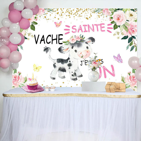 Saint Vache Rose Floral Or Paillettes D'abord Anniversaire Toile de fond pour Fille