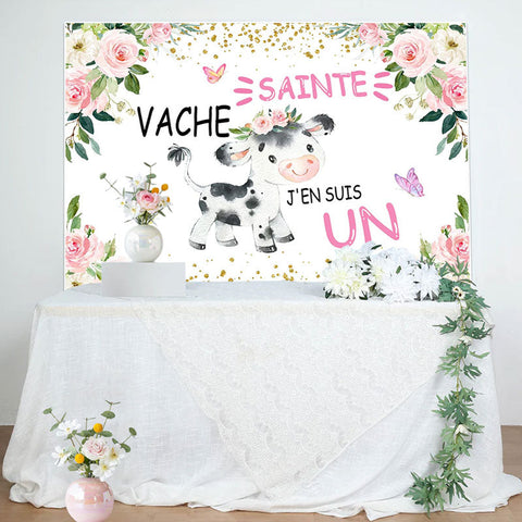 Saint Vache Rose Floral Or Paillettes D'abord Anniversaire Toile de fond pour Fille