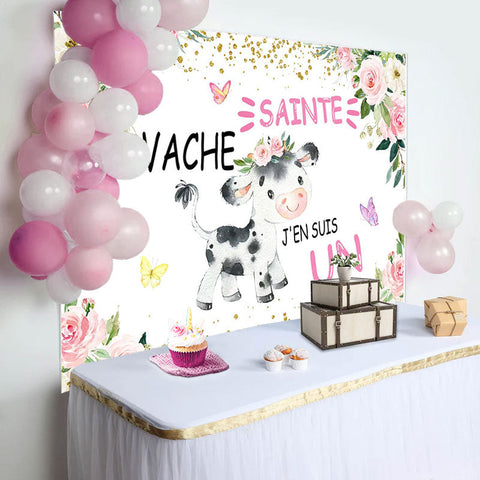 Saint Vache Rose Floral Or Paillettes D'abord Anniversaire Toile de fond pour Fille