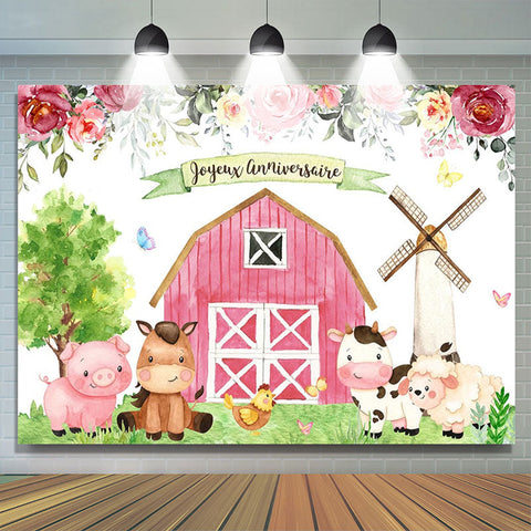 Floral Ferme Avec Mignon Animaux Heureux Anniversaire Toile de fond