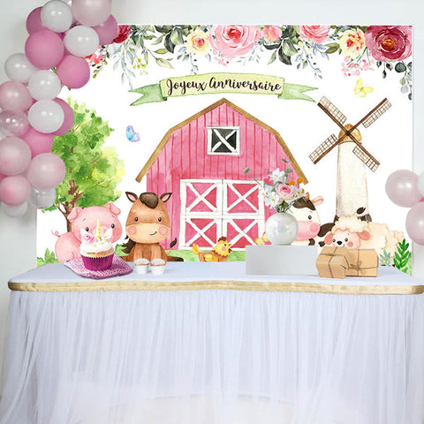 Floral Ferme Avec Mignon Animaux Heureux Anniversaire Toile de fond