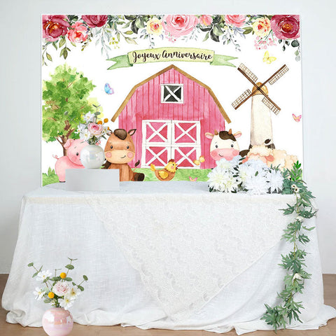 Floral Ferme Avec Mignon Animaux Heureux Anniversaire Toile de fond