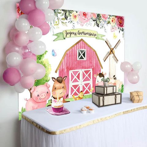 Floral Ferme Avec Mignon Animaux Heureux Anniversaire Toile de fond