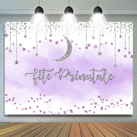 Violet Et Argent Paillettes Lune Bébé Douche Toile de fond