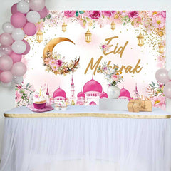 Lofaris Fond de Vacances Aïd Moubarak Or Rose, Croissant de Lune Floral et Mosquée pour Célébration Festive