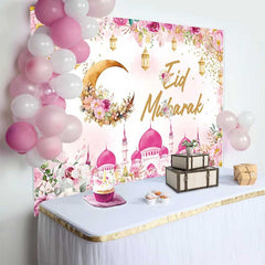 Lofaris Fond de Vacances Aïd Moubarak Or Rose, Croissant de Lune Floral et Mosquée pour Célébration Festive