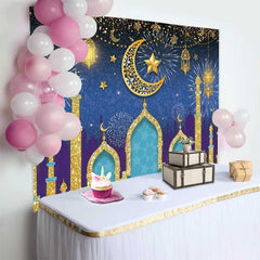 Lofaris Fond de Vacances Mosquée et Croissant de Lune Pailleté Or, Décor Élégant Aïd Moubarak Ramadan