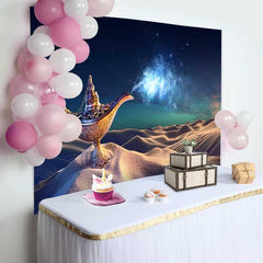 Lofaris Fond de Vacances Lampe Magique de Génie Dorée dans le Désert, Décor de Fête Thème Nuits Arabes