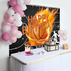 Lofaris Fond d'Anniversaire Basket-ball Enflammé Noir et Orange, Décor Dynamique de Fête Sportive