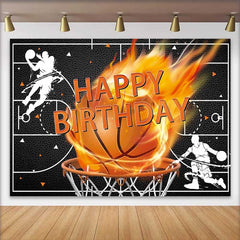 Lofaris Fond d'Anniversaire Basket-ball Enflammé Noir et Orange, Décor Dynamique de Fête Sportive
