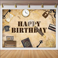 Lofaris Fond d'Anniversaire Rétro Vintage, Carte du Monde Ancienne avec Loupe et Éléments de Temps Antiques