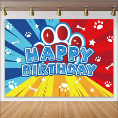 Lofaris Toile de fond d'anniversaire empreintes de pattes et os, style bande dessinée rouge, bleu et jaune, pour enfants