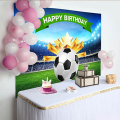 Lofaris Toile de fond d'anniversaire football, stade lumineux et étoiles dorées, pour célébration sportive des garçons
