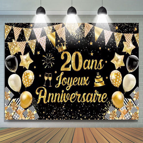 20 Ans Bannière Joyeux Anniversaire Noir Or Toile De Fond