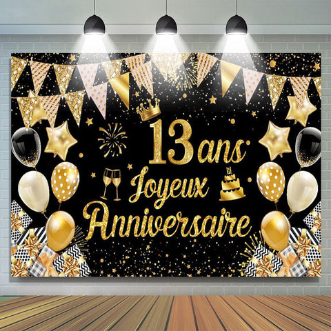 13 Ans Bannière Joyeux Anniversaire Noir Or Toile De Fond