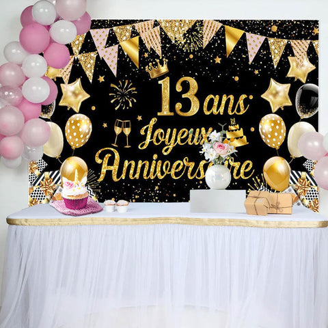 13 Ans Bannière Joyeux Anniversaire Noir Or Toile De Fond