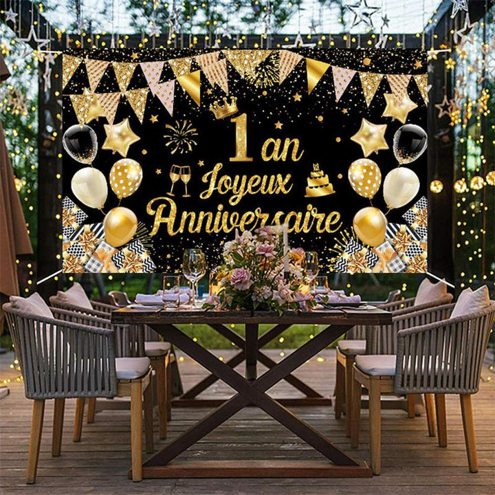 Toile de fond de joyeux anniversaire à pois floraux et dorés-noirs