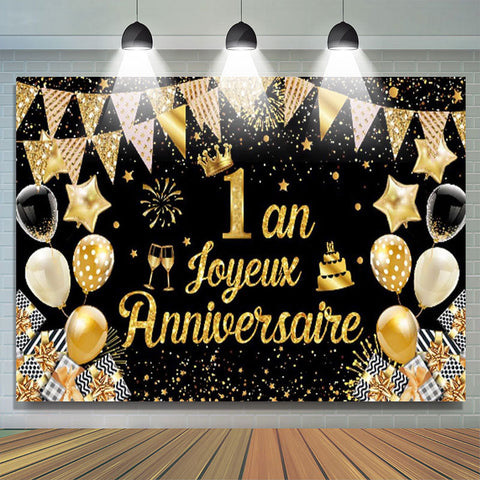 1 an Bannière Joyeux Anniversaire Noir Or Toile De Fond