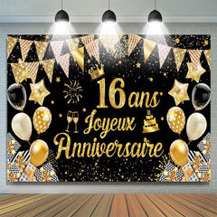 16 Ans Bannière Joyeux Anniversaire Noir Or Toile De Fond