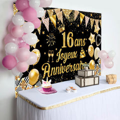 16 Ans Bannière Joyeux Anniversaire Noir Or Toile De Fond