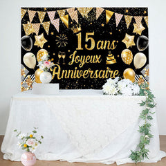 15 Ans Bannière Joyeux Anniversaire Noir Or Toile De Fond