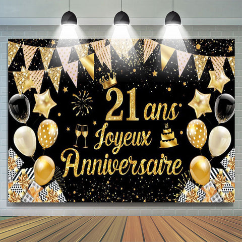 21 Ans Bannière Joyeux Anniversaire Noir Or Toile De Fond